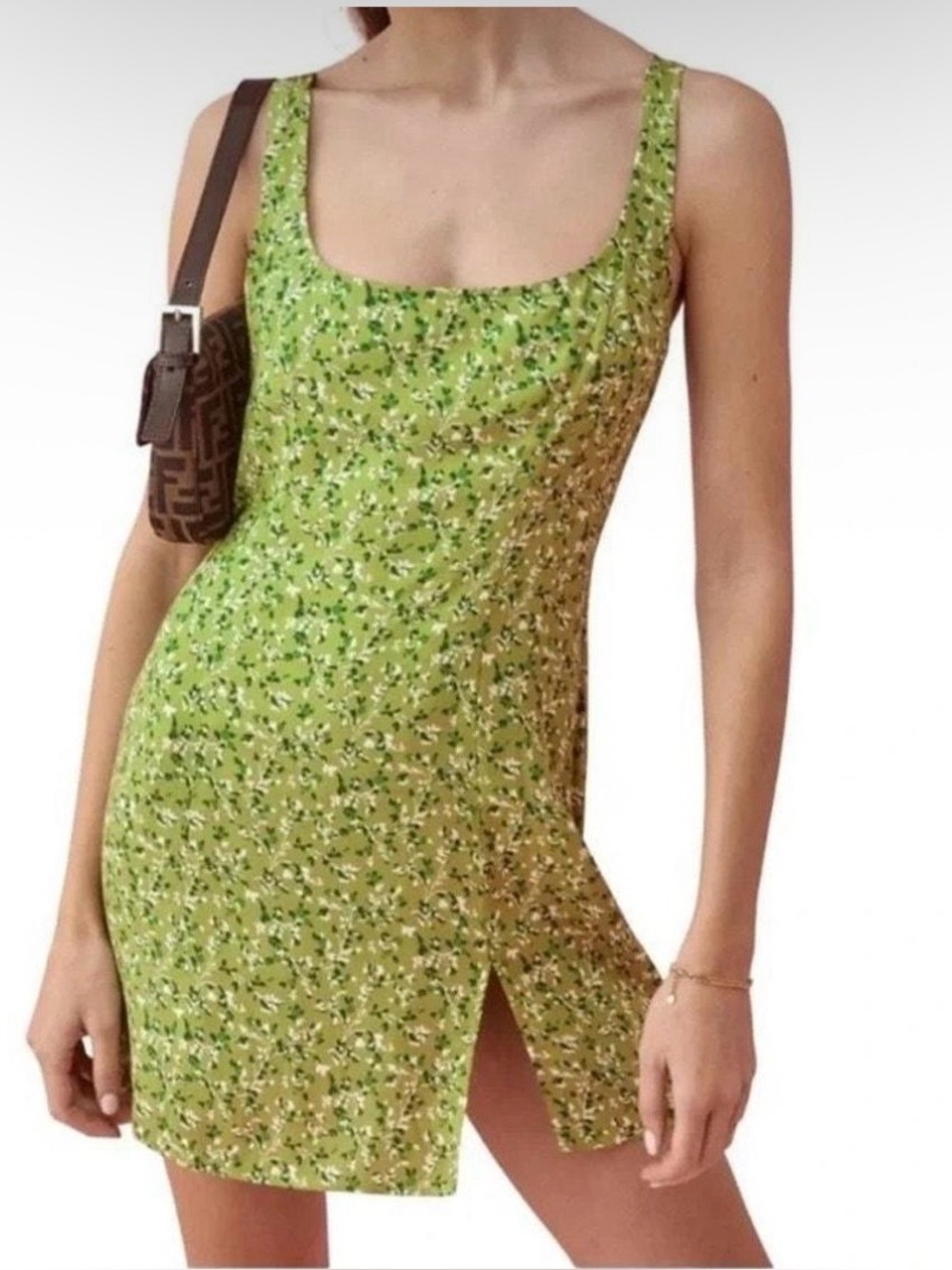 Reformation Lime Green Floral Square-Neck Mini Dress